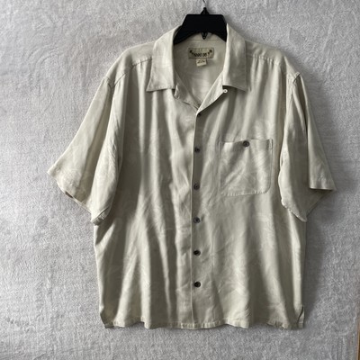 Paradise Coves Mens Hawiian Shirt Beige Large Silk Short Sleeve Collar Pocket