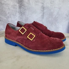 Del Toro Suede Monk Strap Dress Shoes Burgundy/Blue Gold Buckle Size 9.5