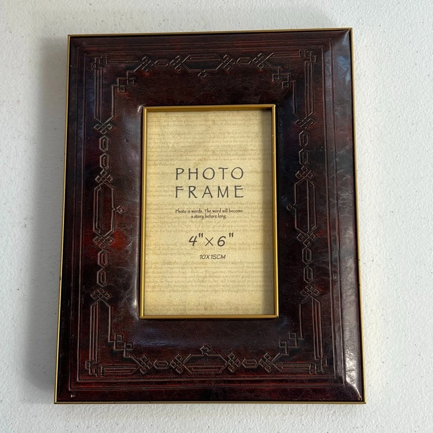 Marco de fotos de cuero 4x6" marrón rojo tallado diseño bordes tooled Foto 2 de 4