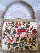 Vintage Large JR Florida Floral Handbag Jacquard Tapestry Purse Beige Gold 1960s