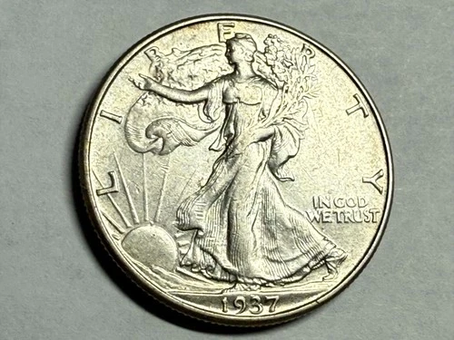 1937-D WALKING LIBERTY silver half dollar. XF-AU, dipped or light cleaning. #q1