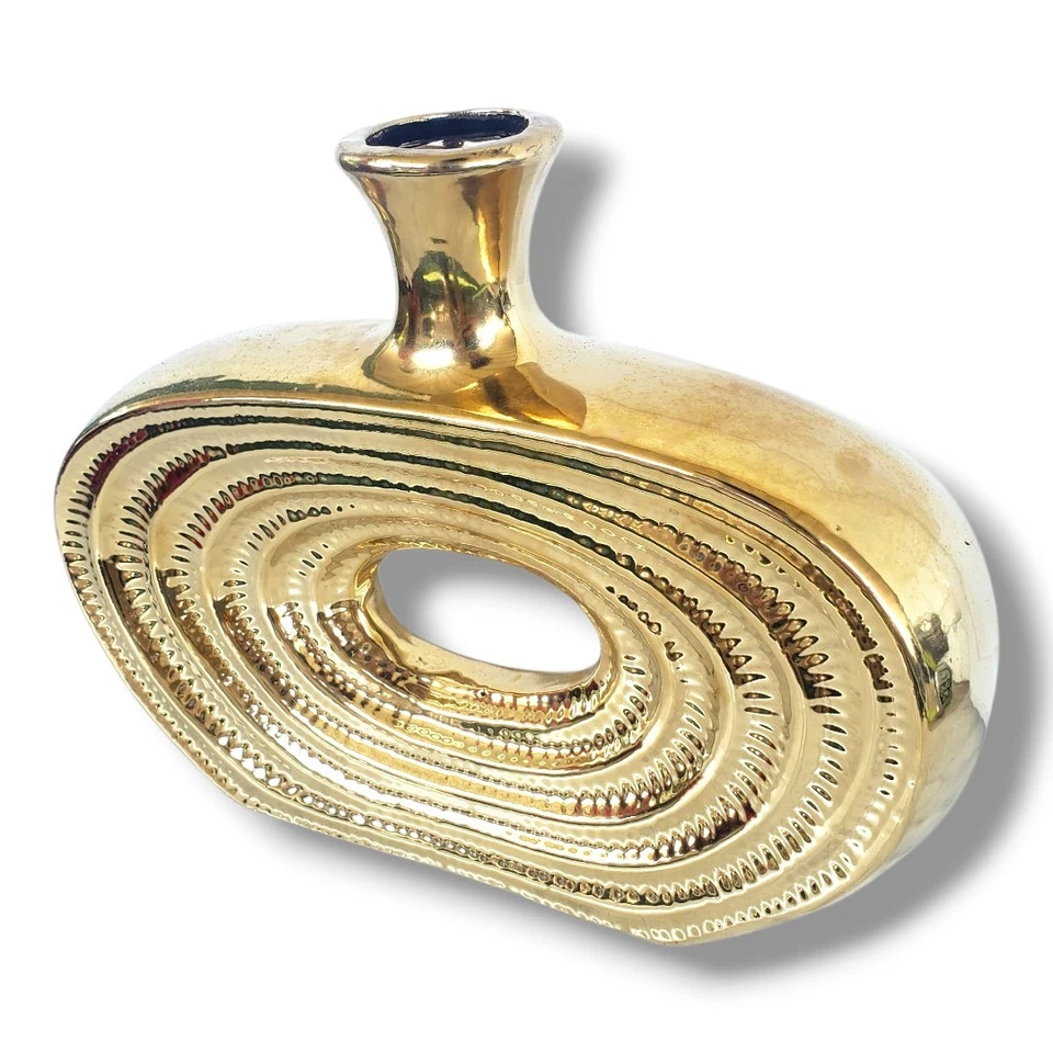 Florero ovalado moderno de aluminio hecho a mano decorativo Bergamo Art L10" en dorado Foto 2 de 4