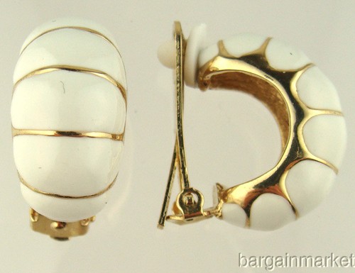 White Enamel Gold Accent Shrimp Half Hoop Clip On Earrings - Picture 1 of 1