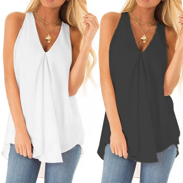 Womens Vest Tops Summer Sleeveless Blouse Ladies Tank Cami Tee T-Shirt Plus Size - Image 2 of 4