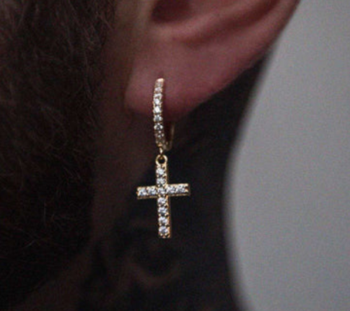 Genuine White Round Cut 0.76CT Moissanites 10K Yellow Gold Cross Single Earring - Picture 1 of 3