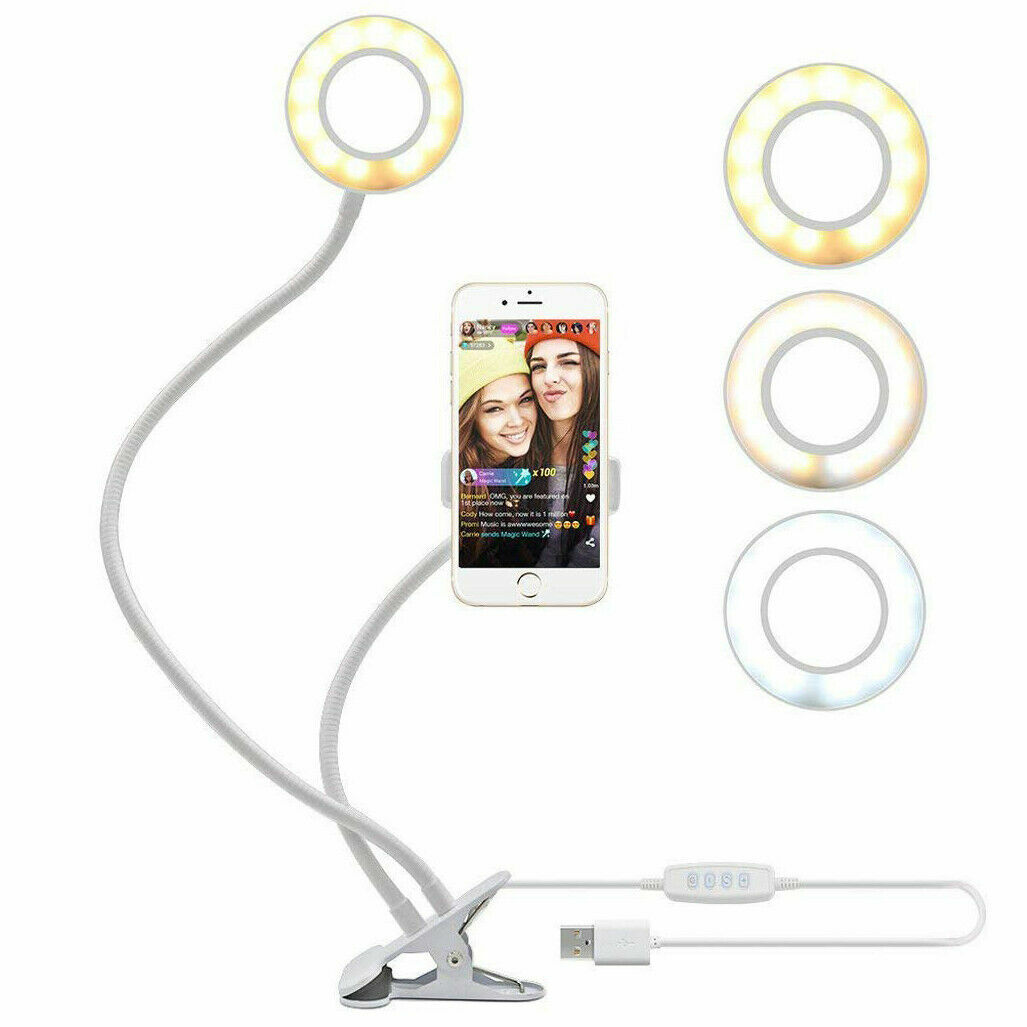 Selfie Ring Light + Mobile Phone Holder 24 LED Camera Long Arm USB Clip On-image