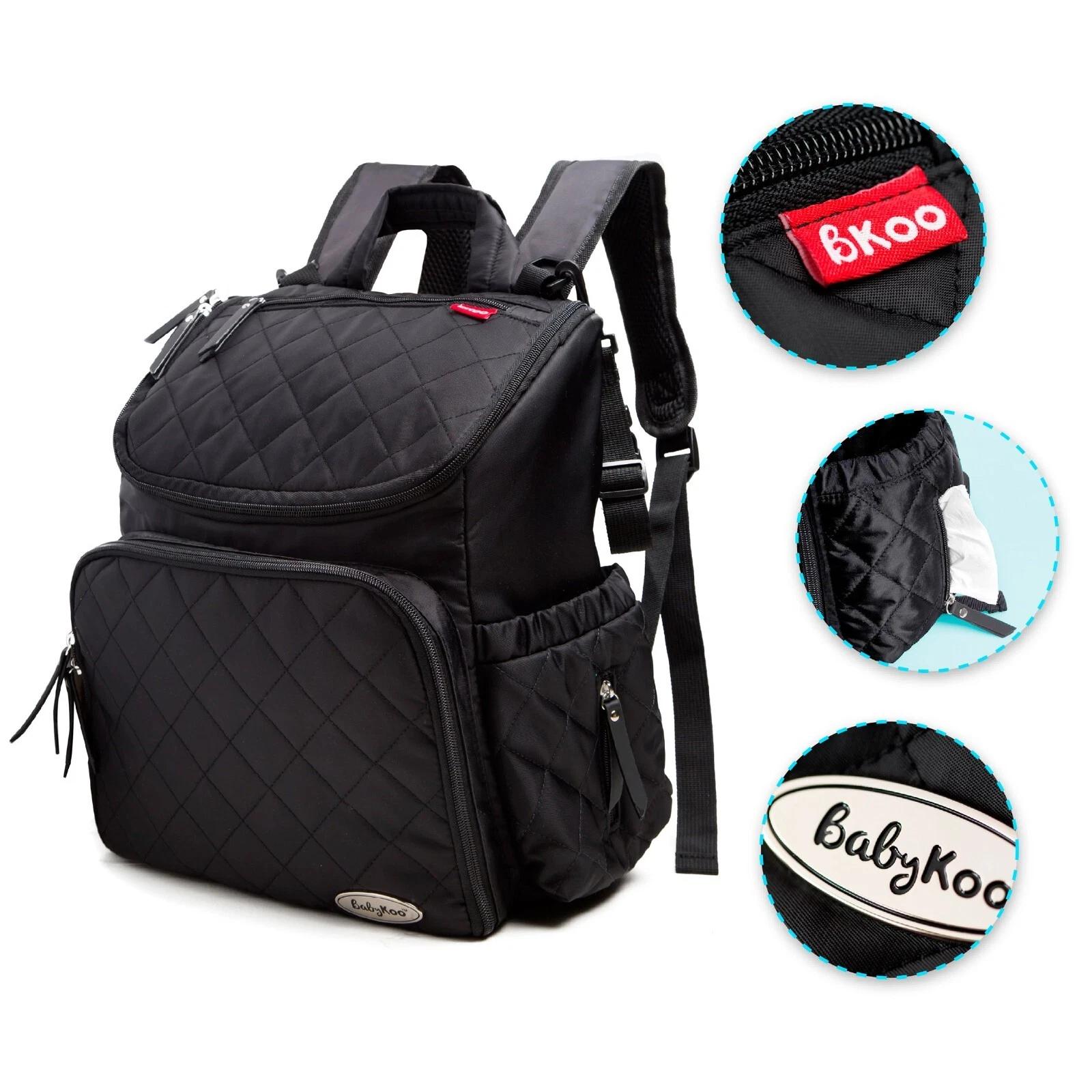 Baby Diaper Bag Backpack with Nappy Change Mat, Black with Stroller Straps.