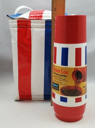 Vintage NEW Thermo-Serv Thermos with Padded Cooler Bag Red White & Blue Striped - Picture 11 of 12