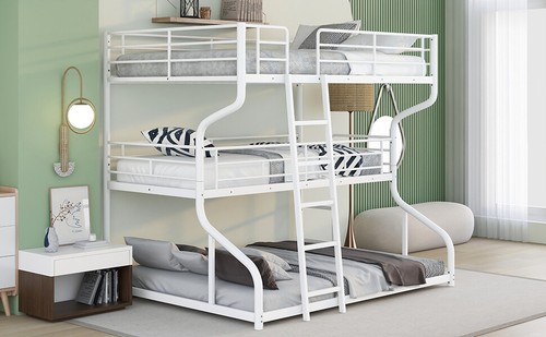 Full Xl/Twin Xl/Queen Triple Bunk Bed Frame Metal Bedframe With Ladder White - Picture 4 of 15
