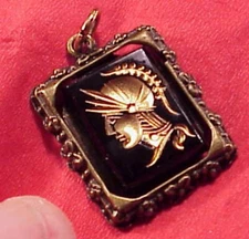 VINTAGE INTAGLIO SOLDIER  BRASS PENDANT CHARM POCKET WATCH FOB   3/4 x 1 INCH