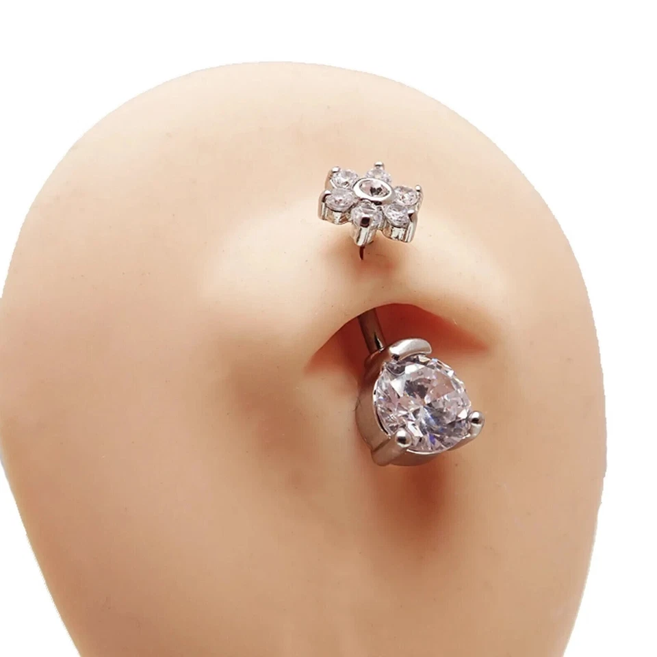 Anillo ombligo belleza diamantes talla redonda de 1,0 quilates enchapado en oro blanco de 14 quilates Foto 3 de 4