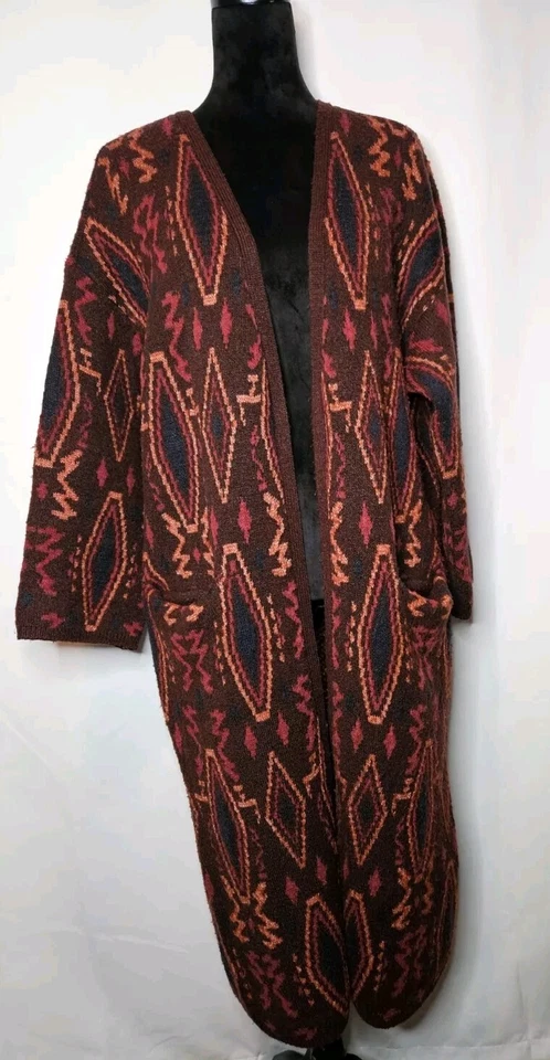 Willow & Clay Jacquard Long Cardigan Burgundy Aztec Southwestern Tribal Sweater - Image 3 of 4