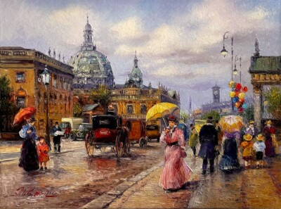Oil on canvas cityscape Paddles in Berlin after Detlev Nitschke Classical art