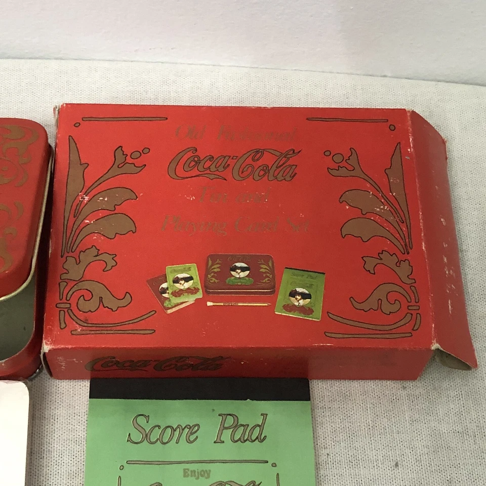 Coca Cola Old Fashioned Tin Playing Card Set 2 Decks Pad Pencil BONUS 1991 TRAY - Image 4 of 4