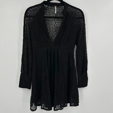 Free People Fit & Flare Dress Women 2 Black Stretch All Over Lace Pleated V Neck