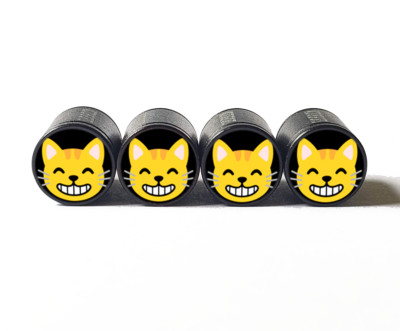 Grinning Cat Face Tire Valve Caps - Black Aluminum - Set of Four - Universal