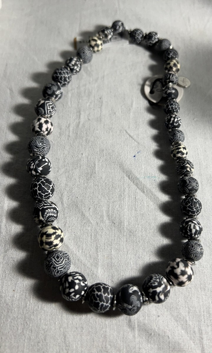 NEW JILZARA Handmade Black and White Clay Beads Necklace Stainless