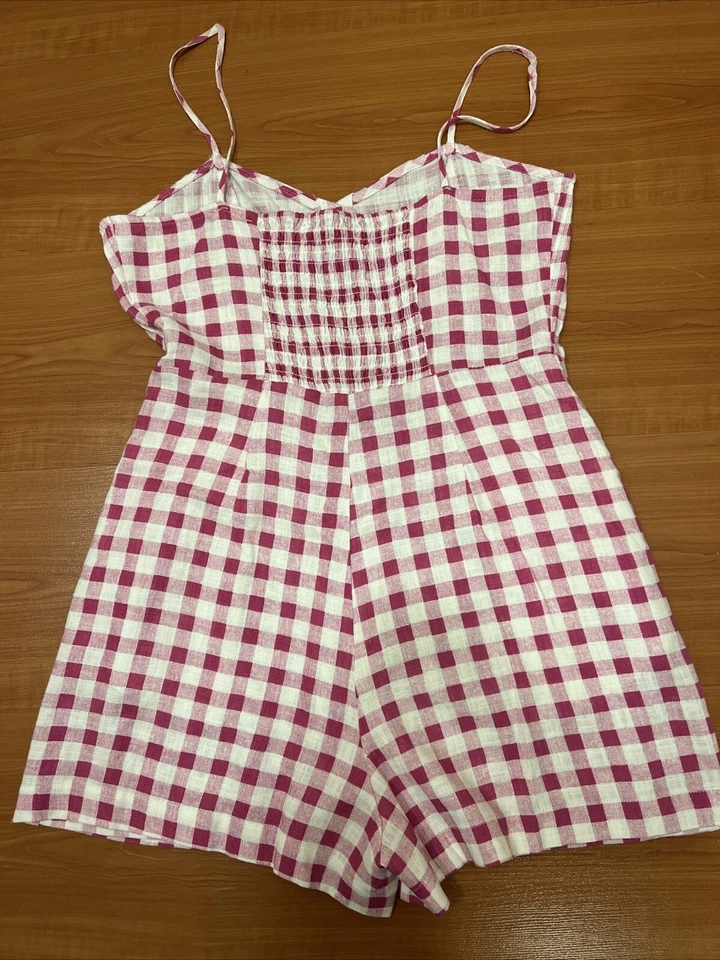 Zara 粉色格子格纹纽扣亚麻连身裤连衣裙,尺寸 S — 第 4/4 张图片