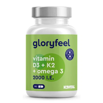 GLORYFEEL 2000 IE Vitamin D3 + K2 (K2VITAL®) & 1000mg Omega 3,Triglycerid-Form - DHA, EPA