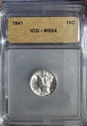 1941 ICG MS64 Mercury Dime Uncirculated Silver US Coin 10c