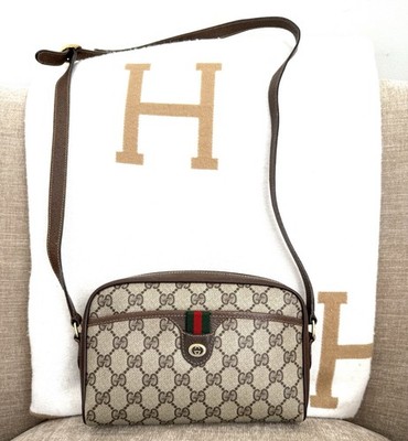 GUCCI Authentic GG Supreme Web Sherry Line Crossbody Bag Brown