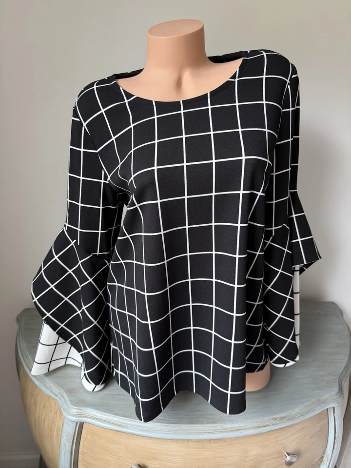 Top Alfani Manga Campana Top 1x Blusa Windwpane Cuello Barco Distintivo Negro Blanco Foto 2 de 4