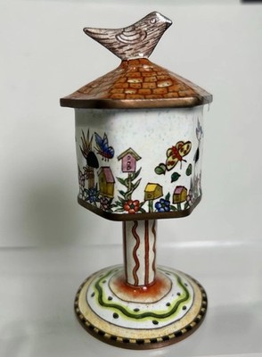 VTG Empress Arts Birdhouse 2 Piece Trinket Box Multi-colored Hand Painted Enamel
