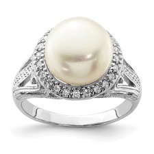 Sterling Silver 10-11mm Freshwater Cultured Pearl and Cubic Zirconia Ring Size 6