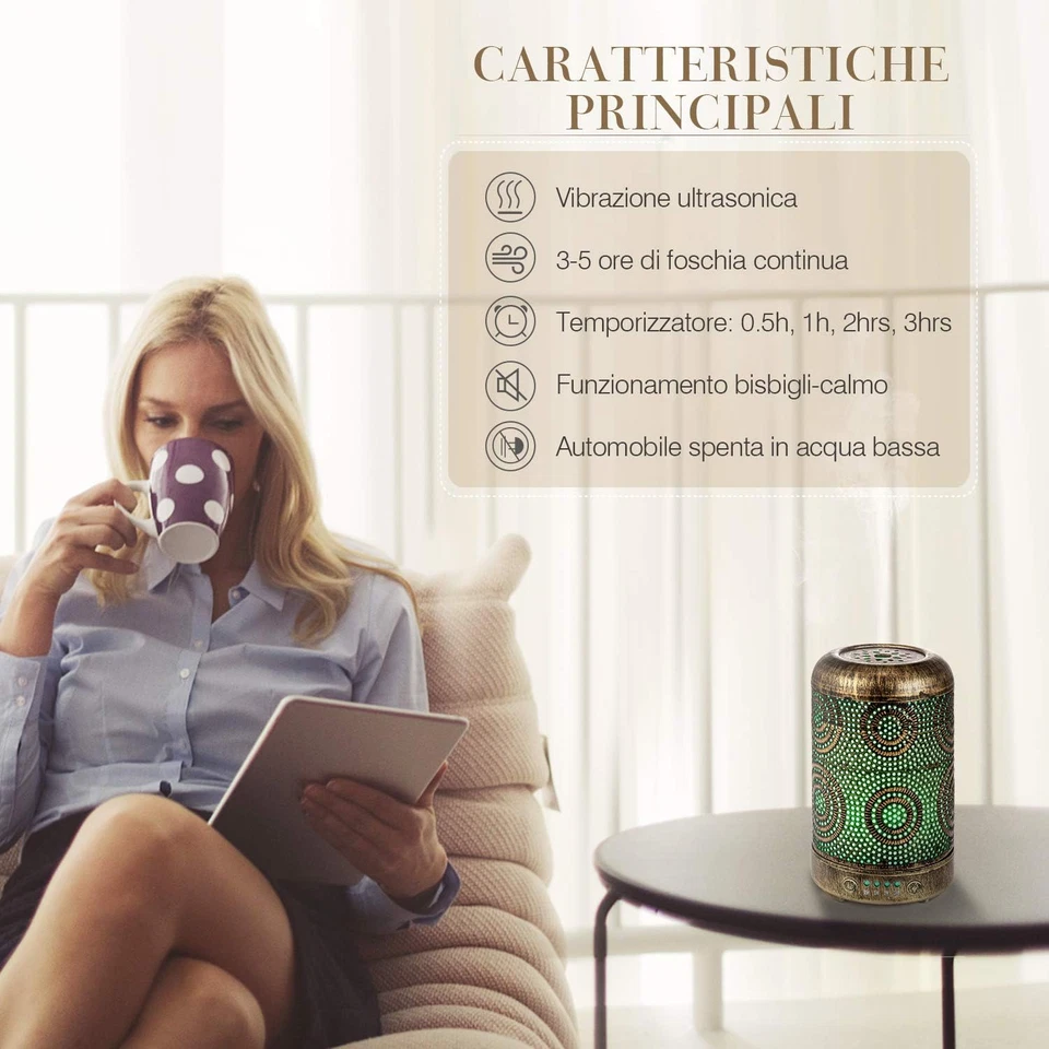 Diffusore Di Oli Essenziali, 100Ml Metallo Diffusore Di Aromi, Ultrasuoni Aromat - Immagine 3 di 4