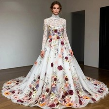 Long Sleeves Colorful Floral Lace Wedding Dresses High Collar Chapel Bridal Gown