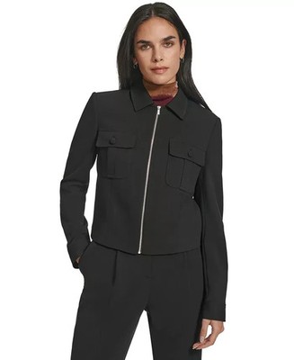 Calvin Klein Womens Zip-Front Collared polyester Jacket Black Size 10 MSRP $159
