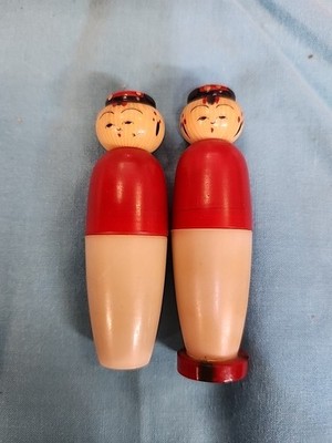 VTG Celluloid Japanese Man Etui Sewing Container Kokeshi Pair Toolkit And String