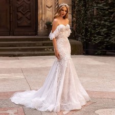 Boho Mermaid Wedding Dresses Off Shoulder Appliques Lace Backless Bridal Gowns