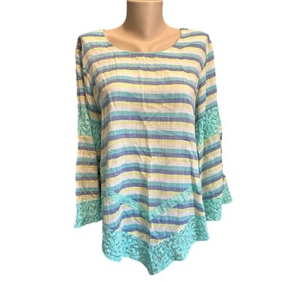 Young Threads New York City Striped Tunic Top, Lace Detail, Women's Size L