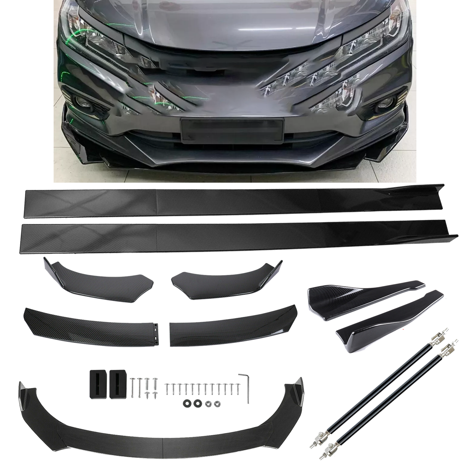 Front Lip Chin Bumper Body Kit Side Skirt For Honda Civic Jazz City Carbon Fiber