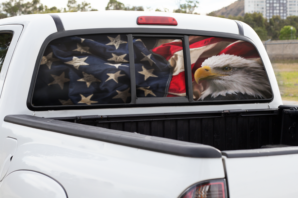 Truck Decal Back Window American Flag & Bald Eagle perforated vinyl