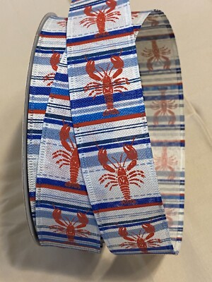 5 Yds. NAUTICAL LOBSTER PRINT WIRE EDGE RIBBON 1 1/2