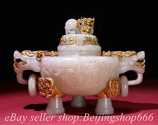 9.4" Old Han Dynasty Natural Hetian Jade Carving Dragon Beast incense burner