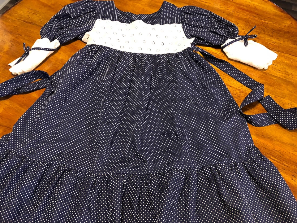 Vintage Peaches N Cream Dress Blue White Dot Pinafore Dress Size 10 Lg Sleeve - Image 2 of 4