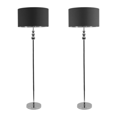 Chrom Stehlampe groß Stoff Trommel Lampenschirm Metall innen Wohnzimmer Leuchte