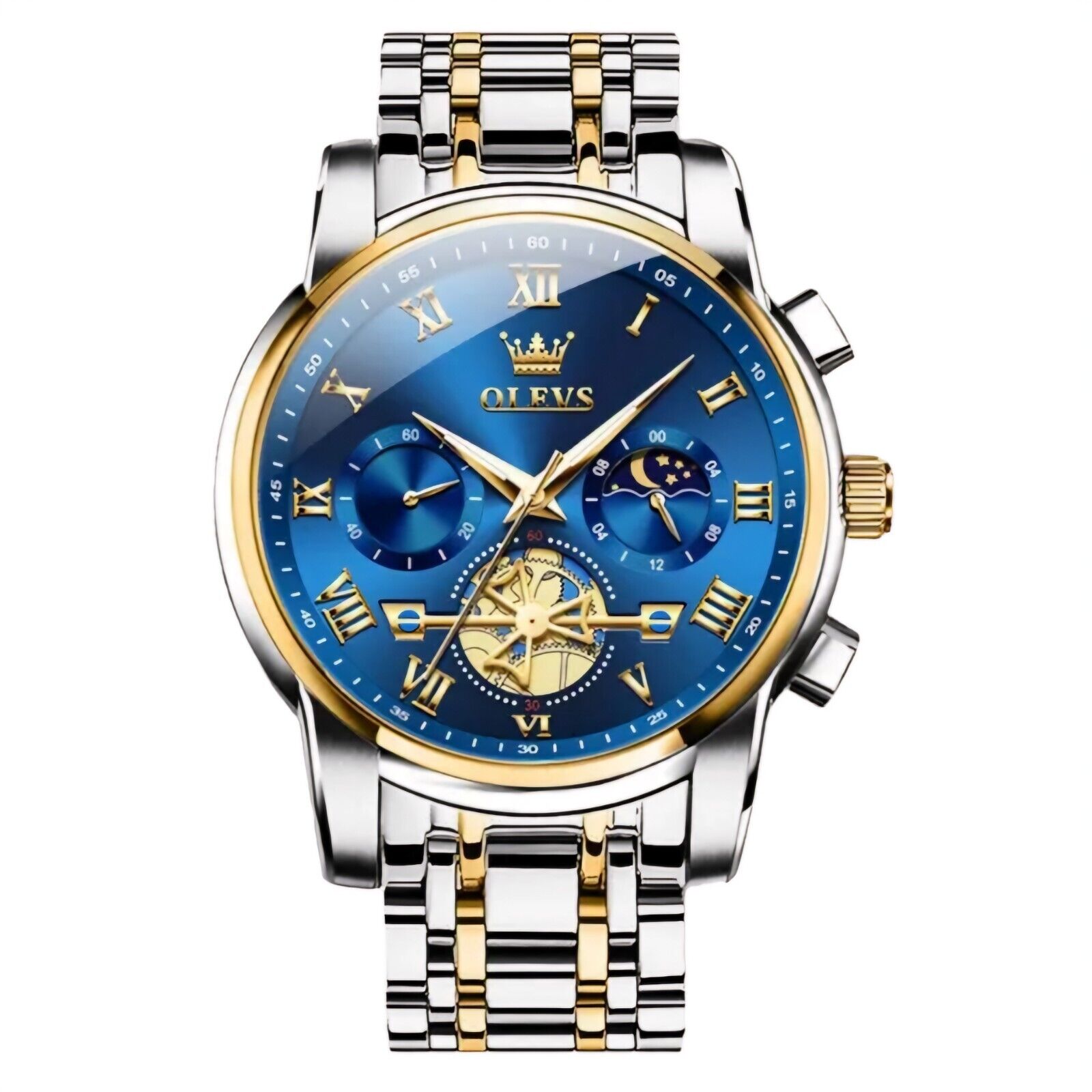 Luxus Uhren Armbanduhr Herren Wasserdicht Mond Analog Quarz Weiß Chronograph 