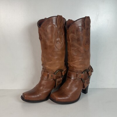 Justin Women s Brown Harness Moto Boots 7.5 B Stacked Heel