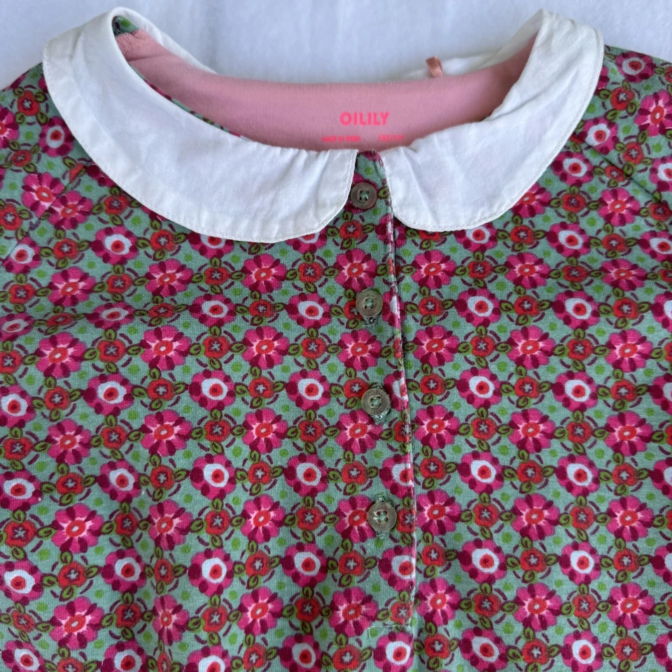 Oilily Tunic Top Pink/Green Floral Pattern Striped Long Sleeves Girls 12 (152) - Image 3 of 4