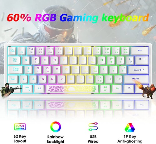 60% Wired Compact Gaming Keyboard, RGB LED Backlit Mechanical Feel For PC Laptop - Picture 7 of 37