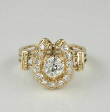 2Ct Round Cut Real Moissanite Horse Shoe Art Deco Ring 14K Yellow Gold Plated