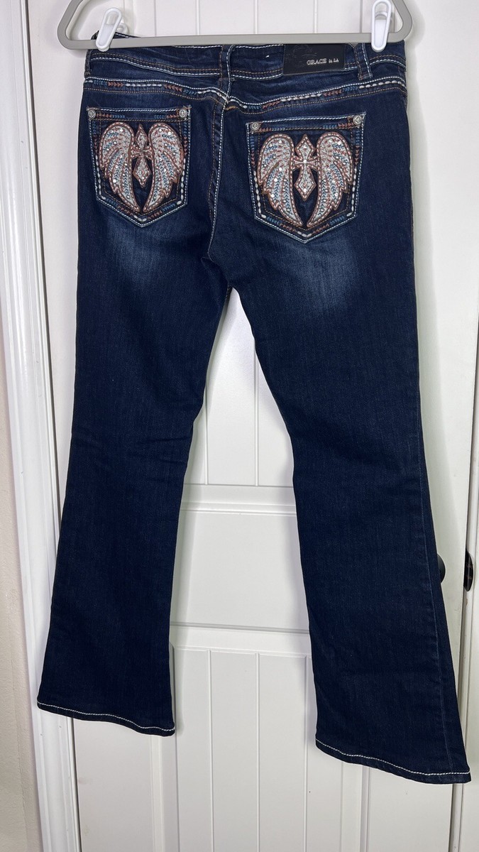 Grace in LA Women's Jeans Size 29x30 Aztec Embroidered Wing Cross