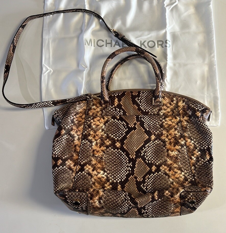 Michael Kors Riley Beige/Brown Python Embossed Leather Satchel Shoulder