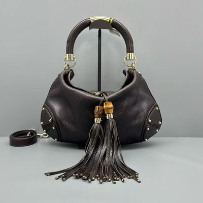 Gucci Vintage Bamboo Hobo Large Shoulder Bag Dark Brown Pebbled Leather Tassel