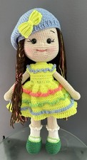 Large Handmade Crochet Doll 14  White Skin Lime Dress Brown Multi Color Lng Hair