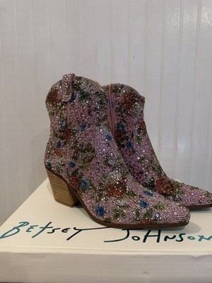 Betsy Johnson Cady Ankle Boots Pink Floral Rhinestone Sz 6 NIB 
